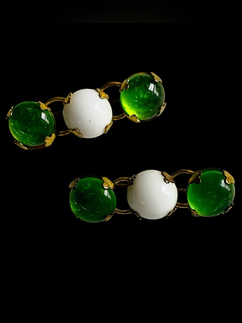 Vintage UV Reactive Lot Of Two Goldtone And Glass Bar Brooches